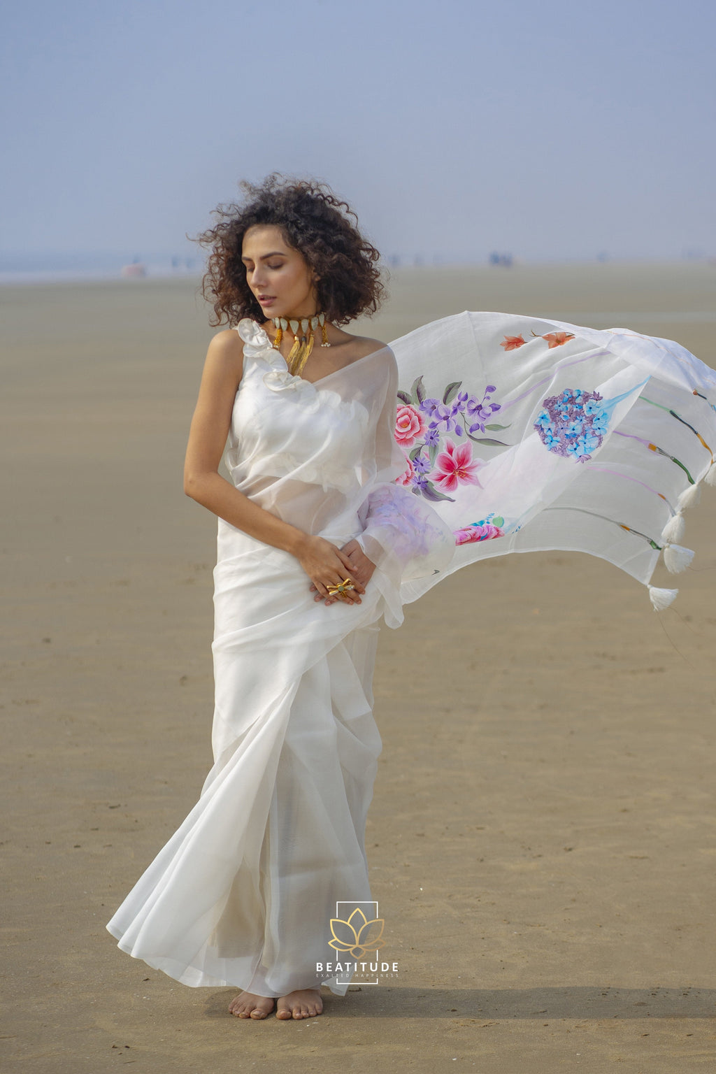 White Handpainted Copyright Designer Organza Silk Saree