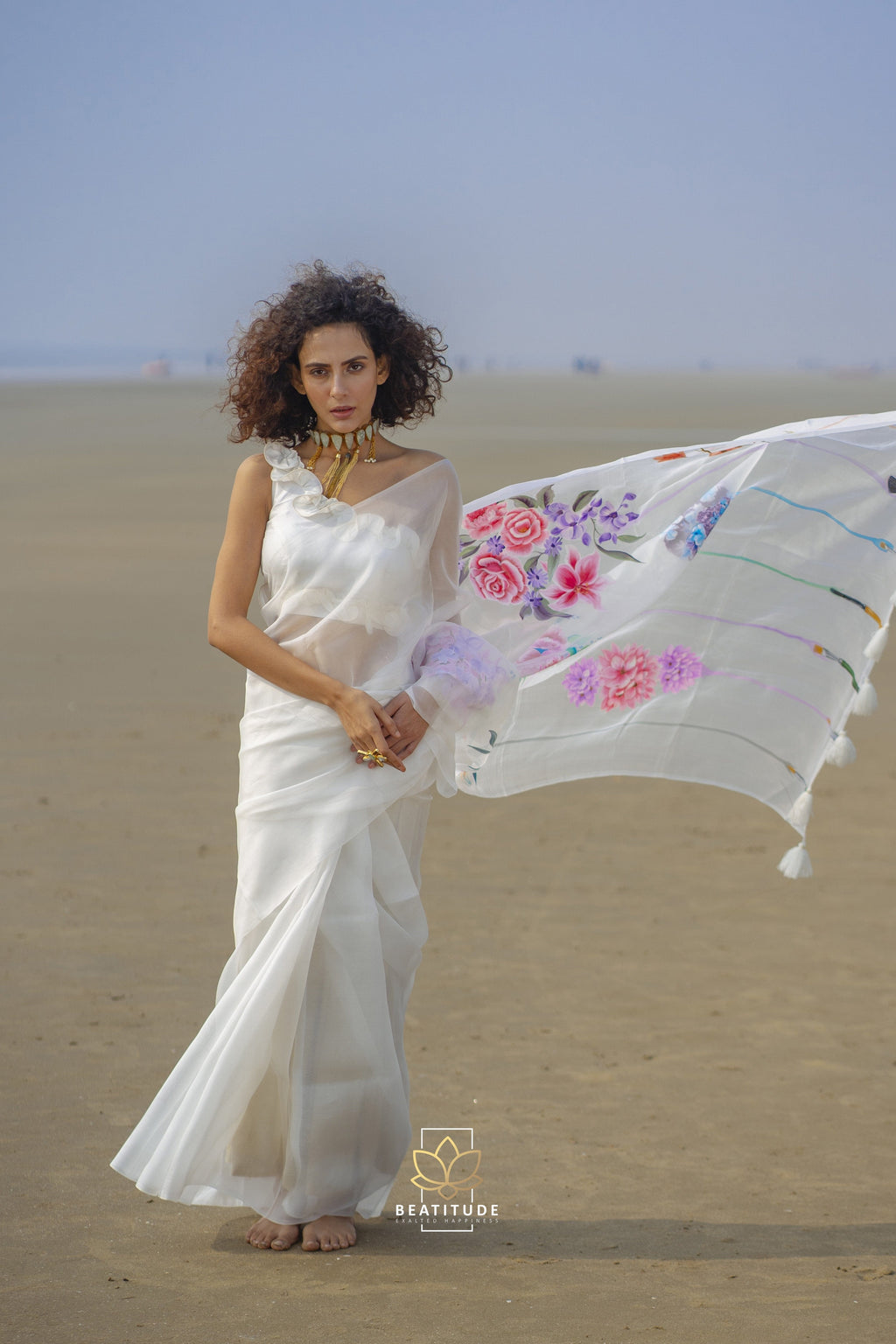 White Handpainted Copyright Designer Organza Silk Saree