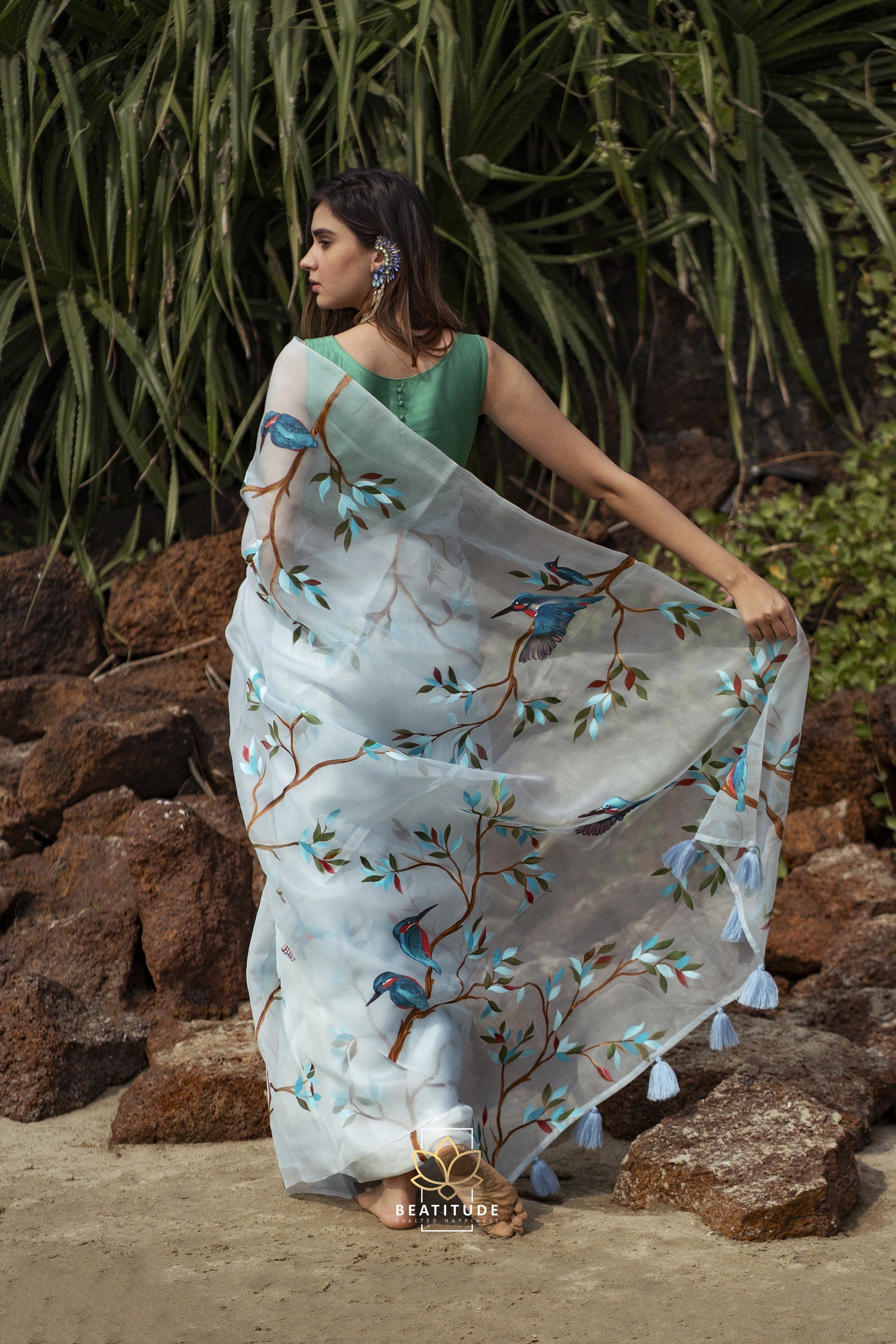 Tyche Handpainted Copyright Designer Organza Silk Saree