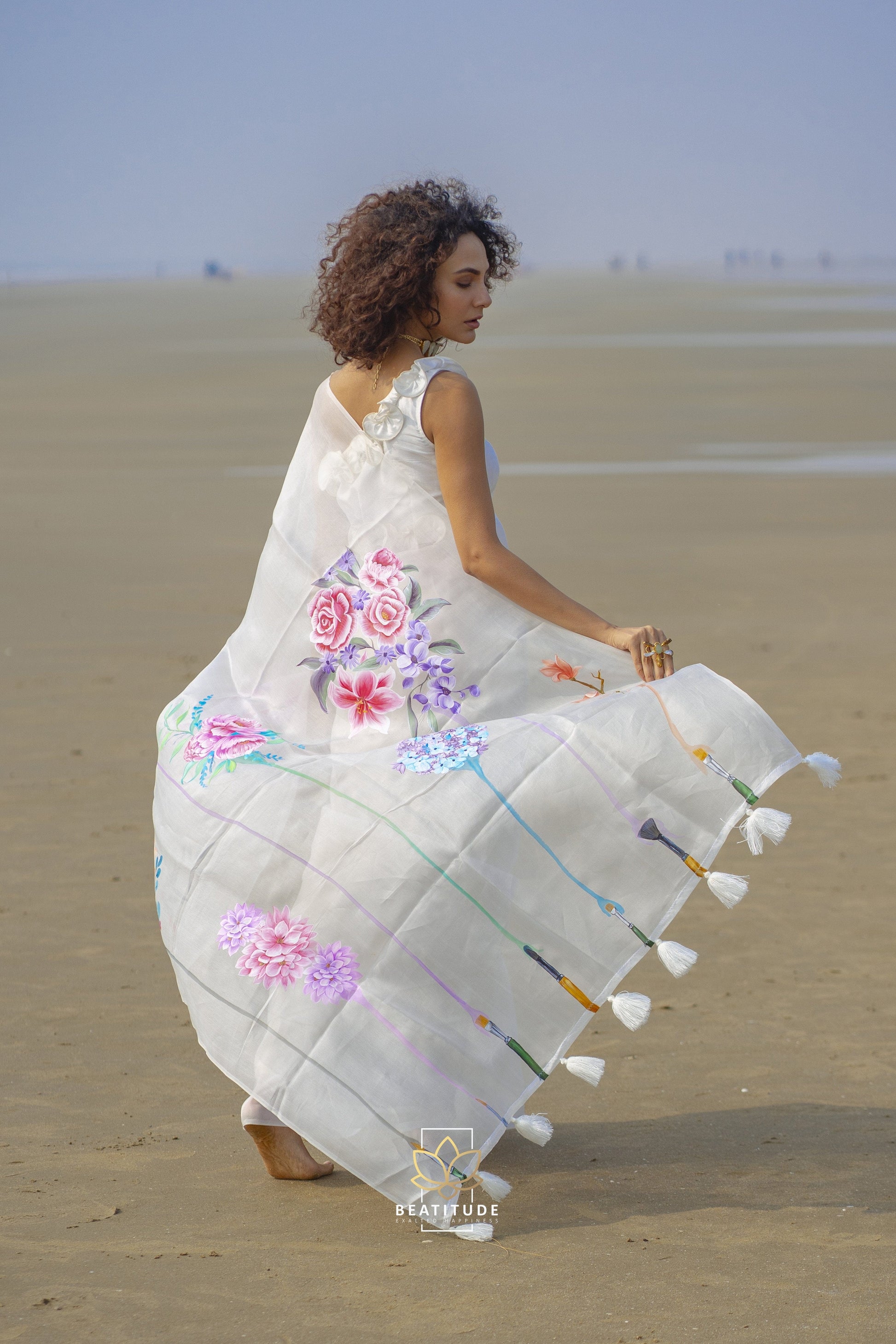 White Handpainted Copyright Designer Organza Silk Saree