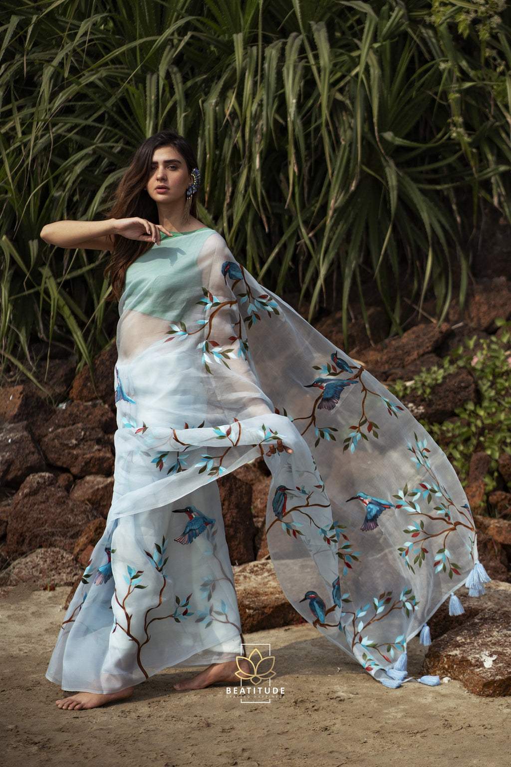 Tyche Handpainted Copyright Designer Organza Silk Saree