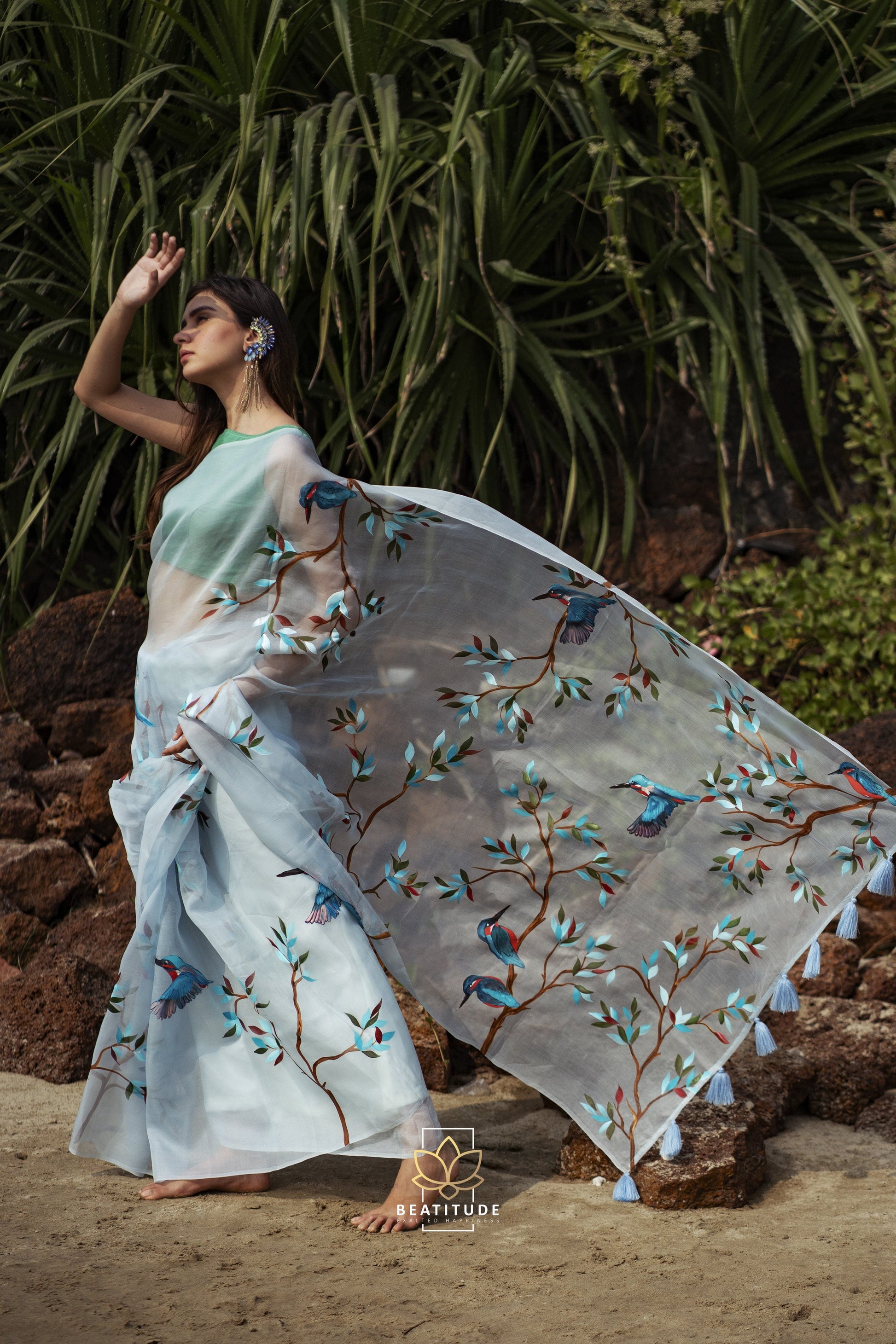 Tyche Handpainted Copyright Designer Organza Silk Saree