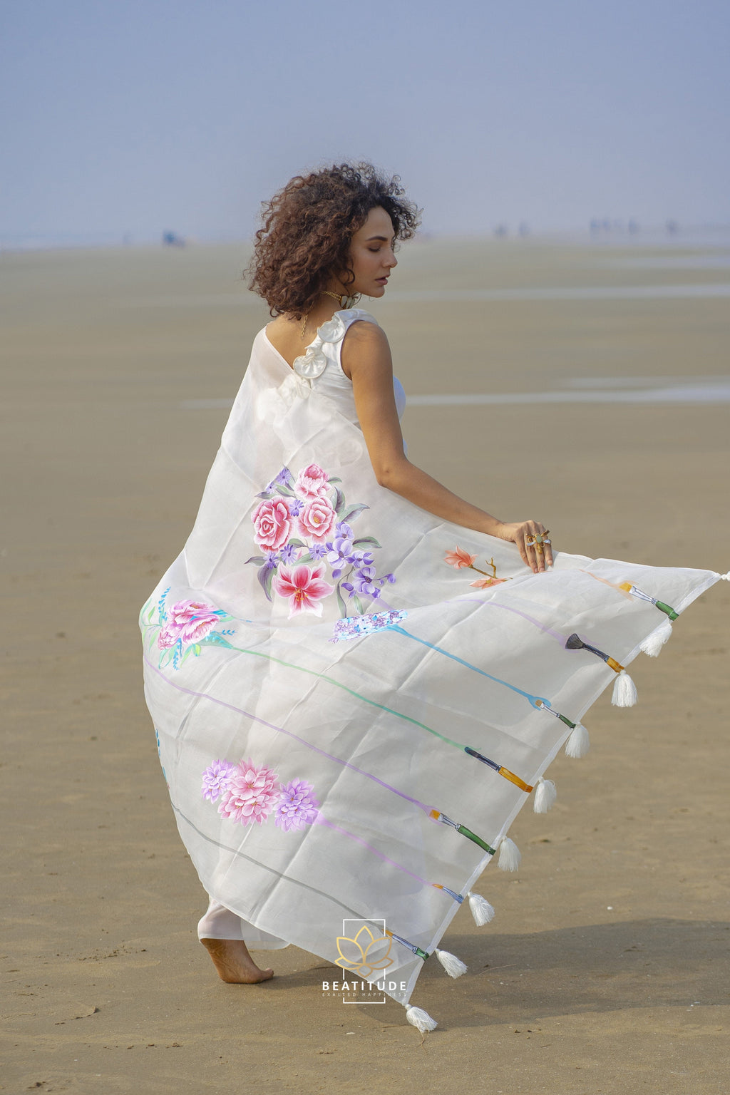 White Handpainted Copyright Designer Organza Silk Saree