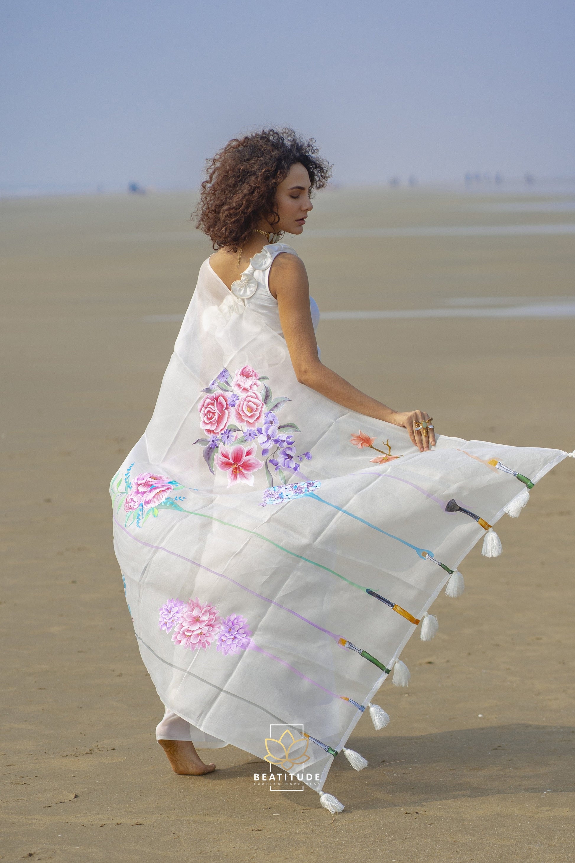 White Handpainted Copyright Designer Organza Silk Saree