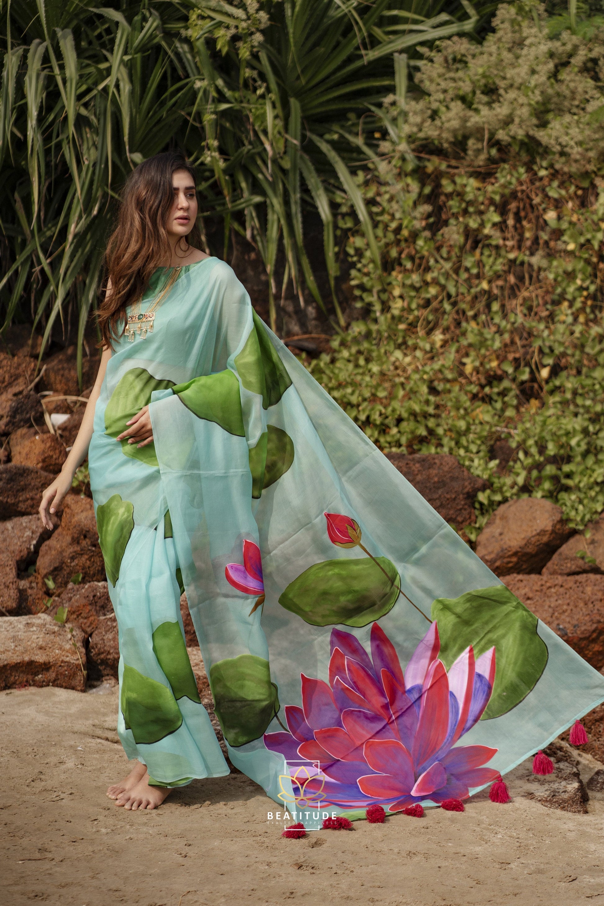 Plutus - Organza Silk Handpainted Designer Saree
