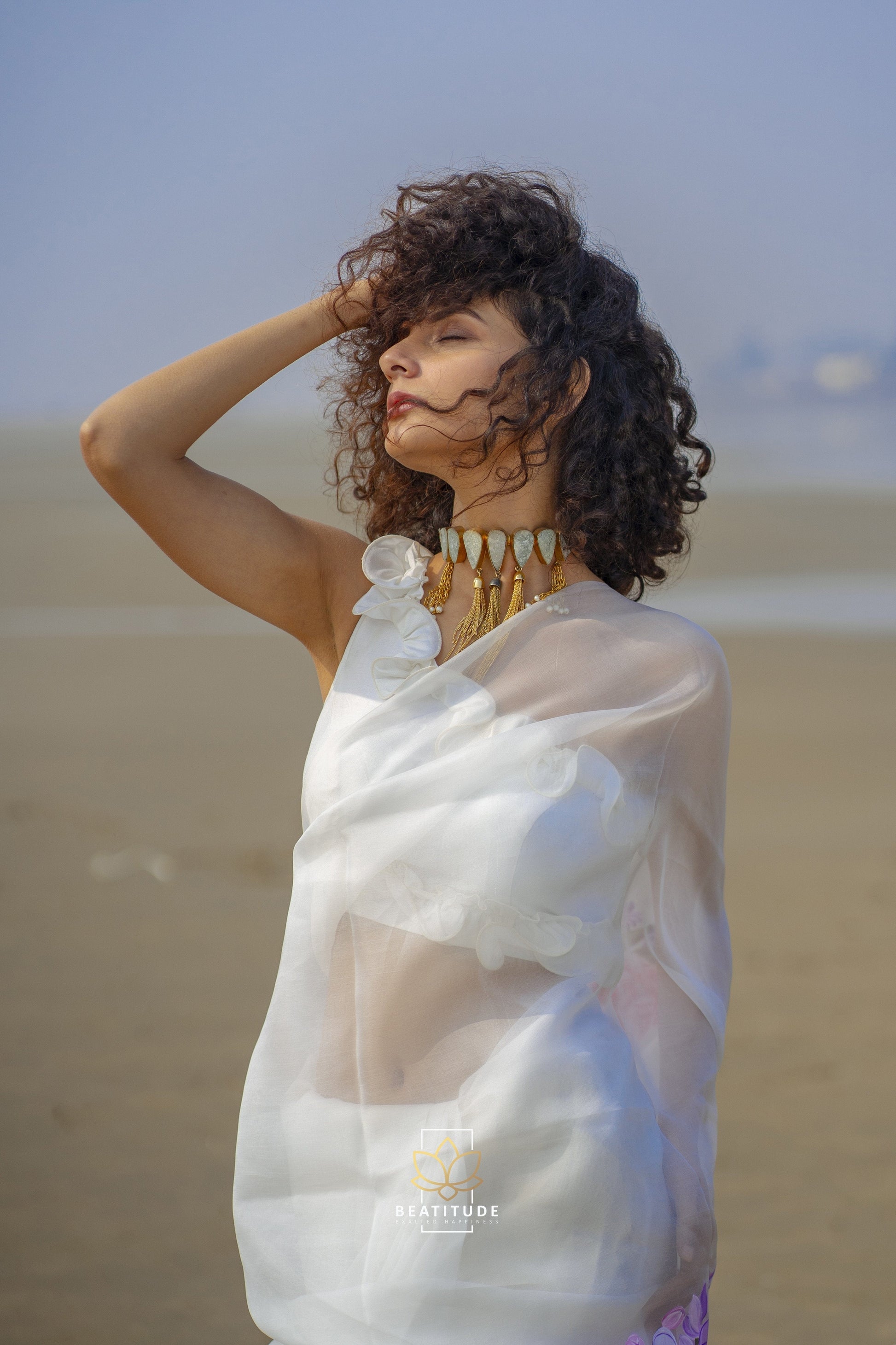 White Handpainted Copyright Designer Organza Silk Saree