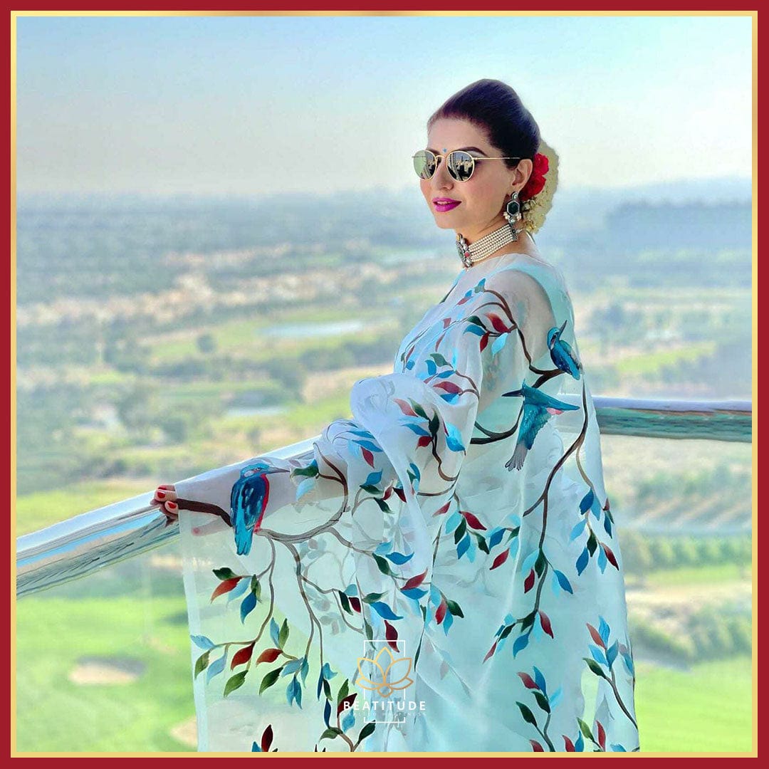 Tyche Handpainted Copyright Designer Organza Silk Saree
