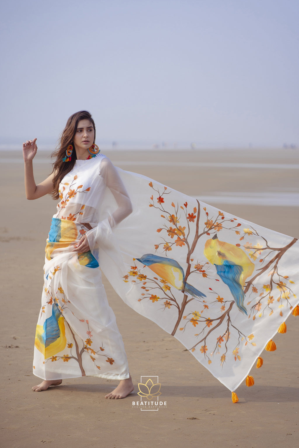 White Handpainted Copyright Designer Organza Silk Saree