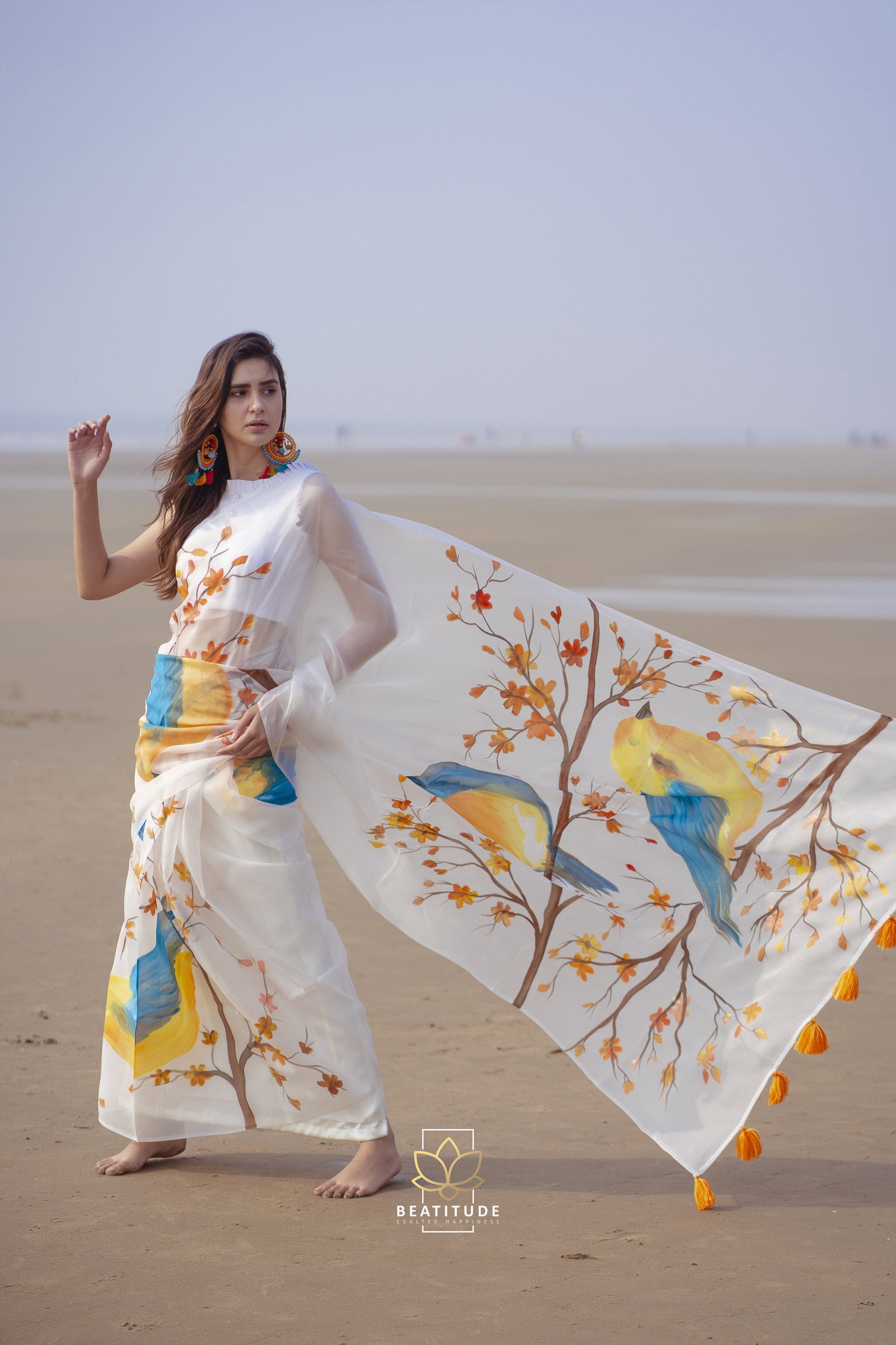 White Handpainted Copyright Designer Organza Silk Saree
