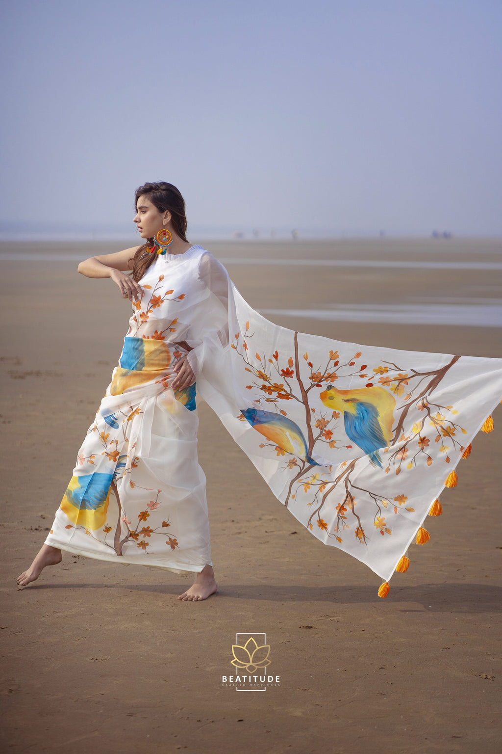 White Handpainted Copyright Designer Organza Silk Saree