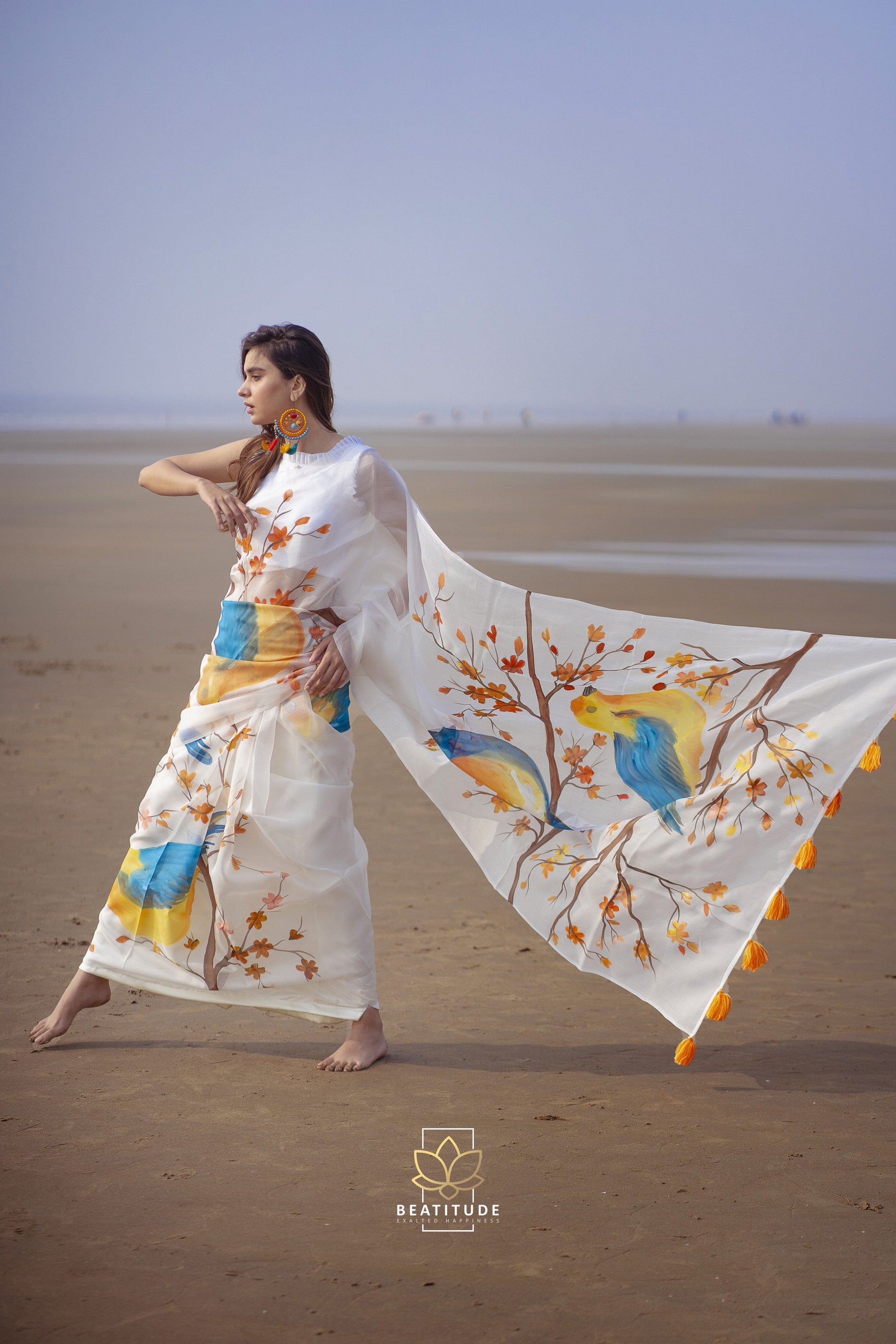 White Handpainted Copyright Designer Organza Silk Saree