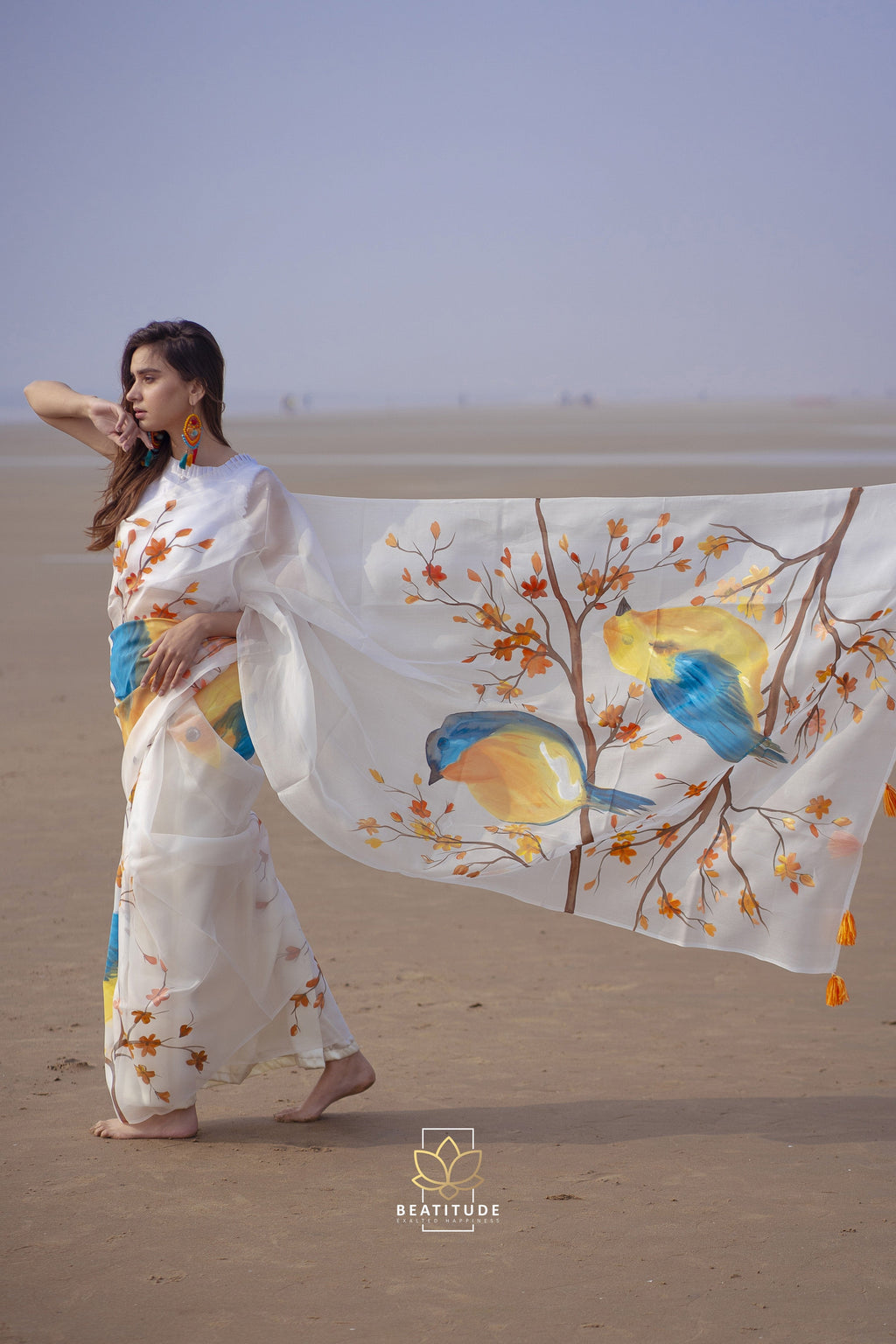 White Handpainted Copyright Designer Organza Silk Saree
