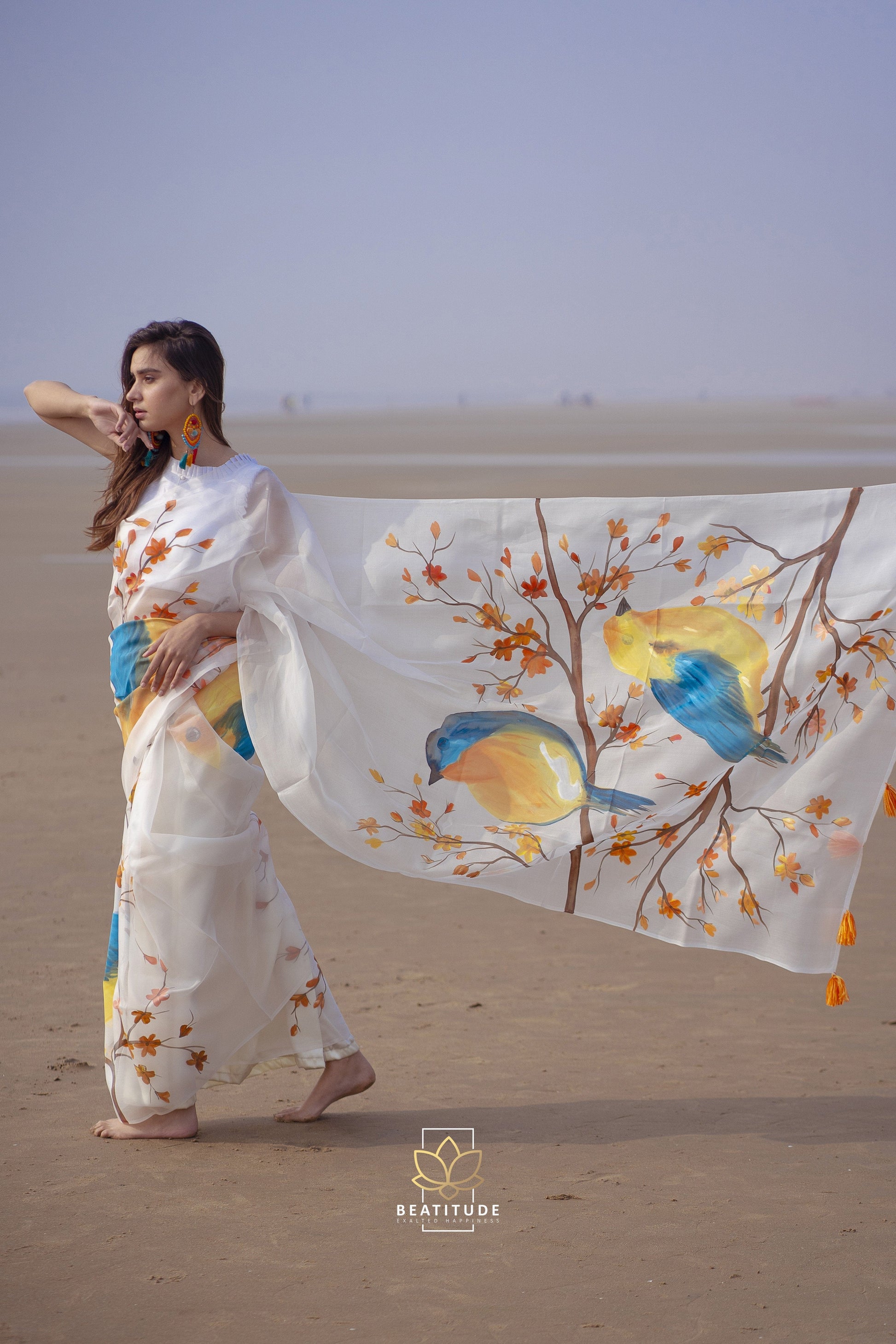 White Handpainted Copyright Designer Organza Silk Saree