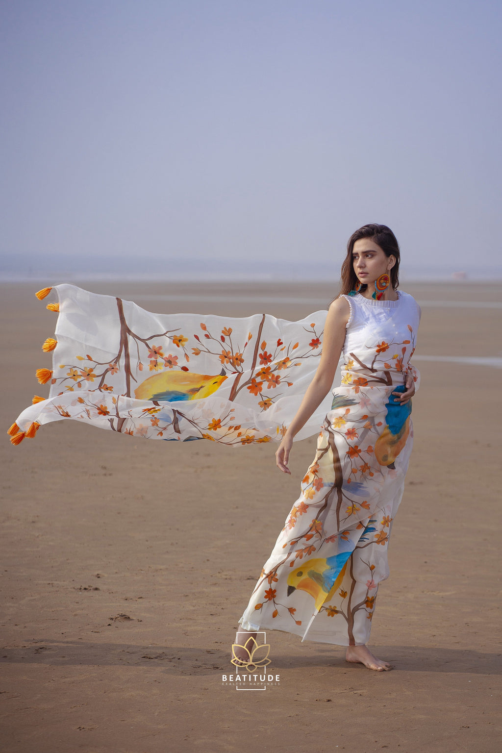 White Handpainted Copyright Designer Organza Silk Saree