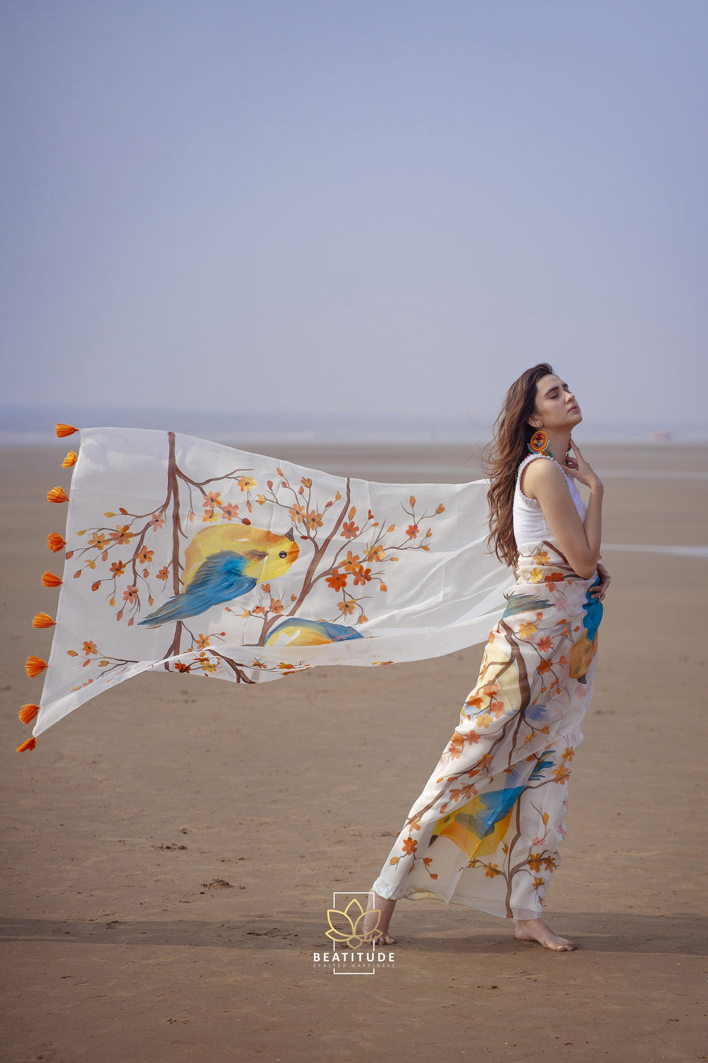 White Handpainted Copyright Designer Organza Silk Saree