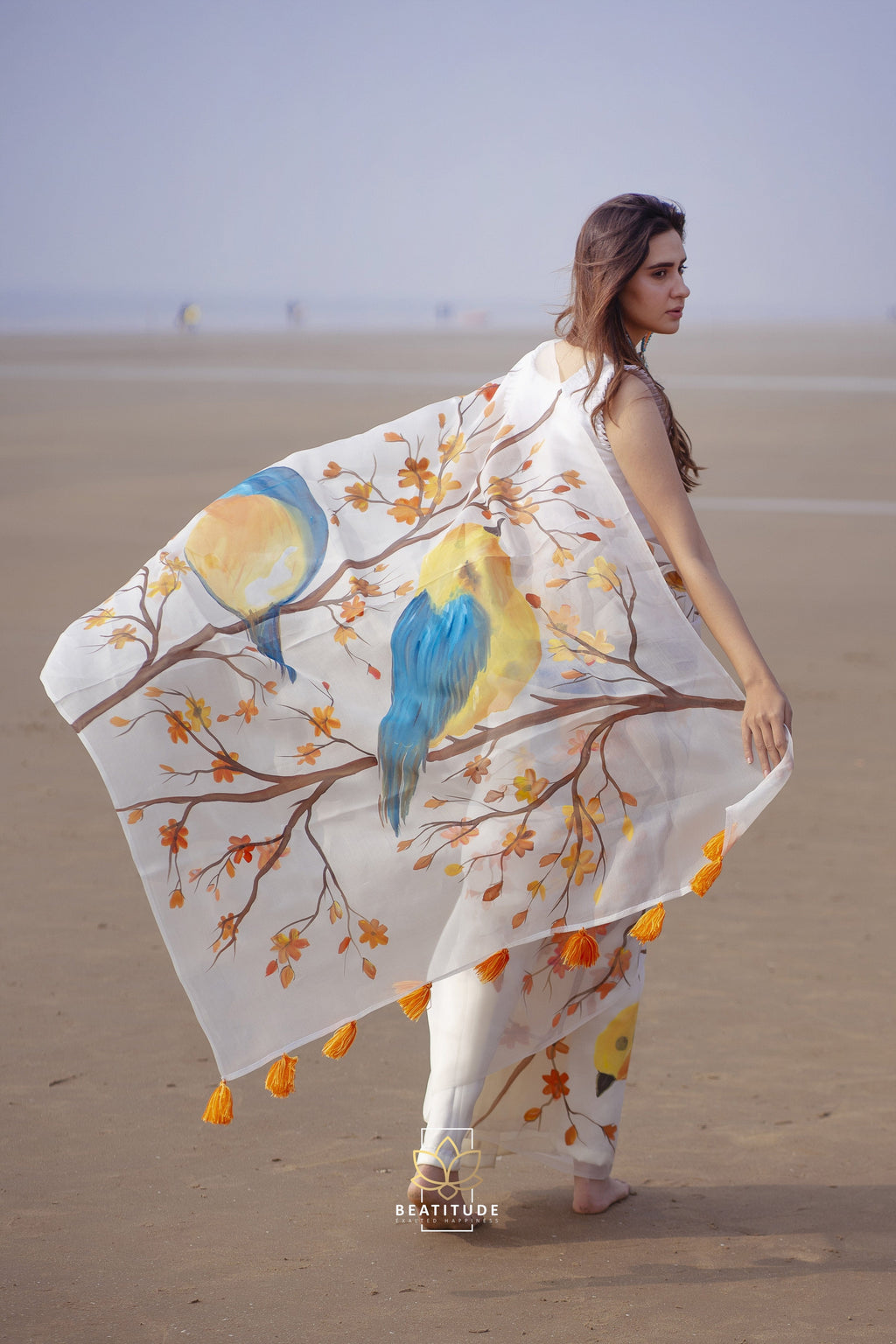 White Handpainted Copyright Designer Organza Silk Saree